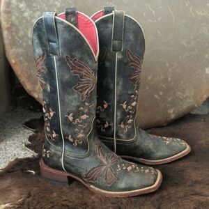 MACIE BEAN M9019 crackled gray/brown leather inlaid butterfly cowgirl boots sz 7